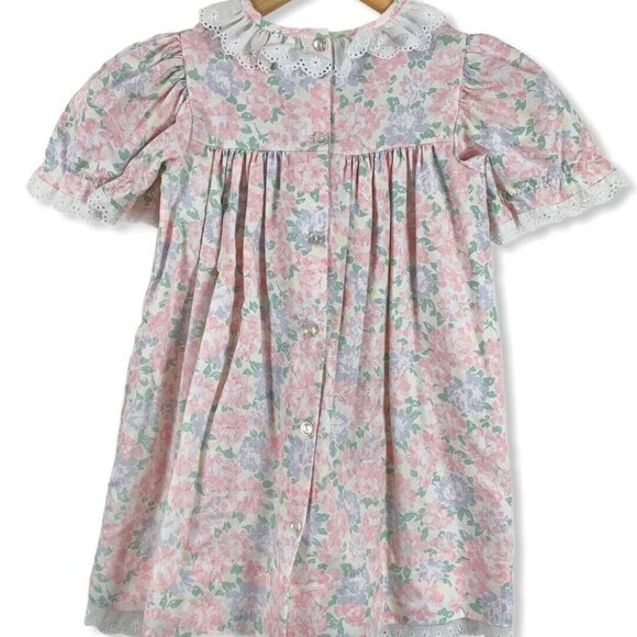 Girls Dress Size 5 Vintage Pastel Floral Eyelet Trims Puff Sleeve Button Back - Picture 2 of 4